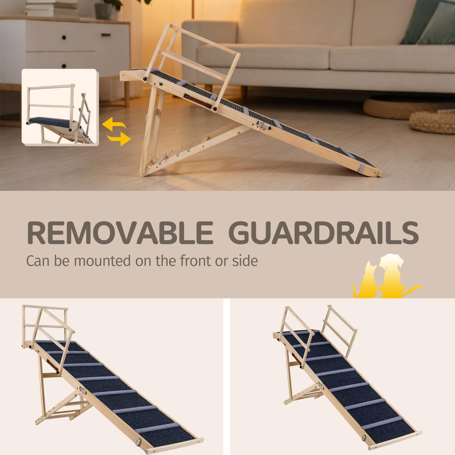 Wooden Pet Ramp, Foldable Dog Car Ladder with 6-level Adjustable Heights