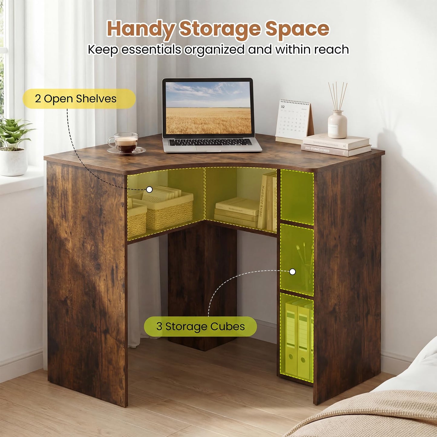 Charging Station and Storage Shelves, Space-Saving Wooden Gaming PC Laptop Table