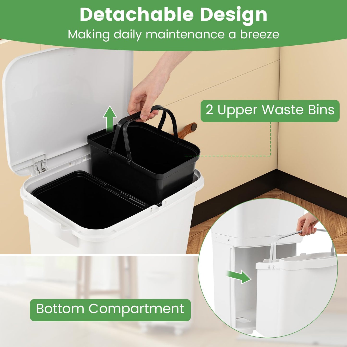 Trash Can with 2 Removable Bins and Tilting Compartment
