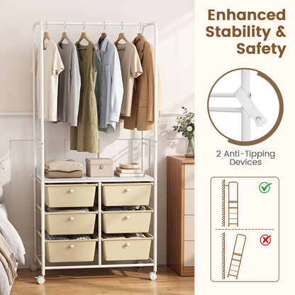 Clothes Rail on Wheels, Clothes Rack with 6 Drawers, Storage Shelf