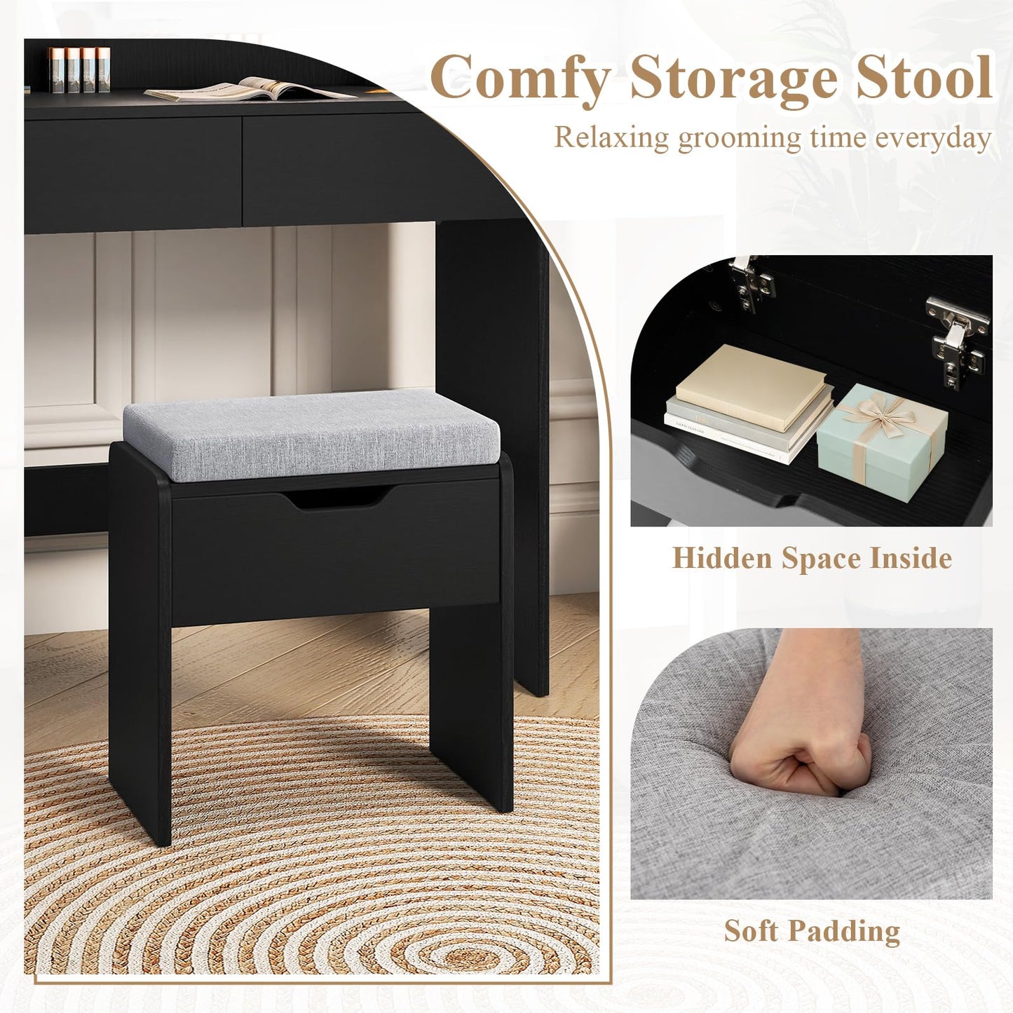 Dressing Table with LED Mirror and Cushioned Storage Stool