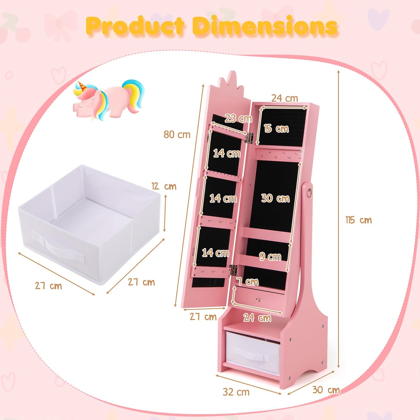 Kids Jewelry Cabinet with Full-Length Mirror and Foldable Drawer