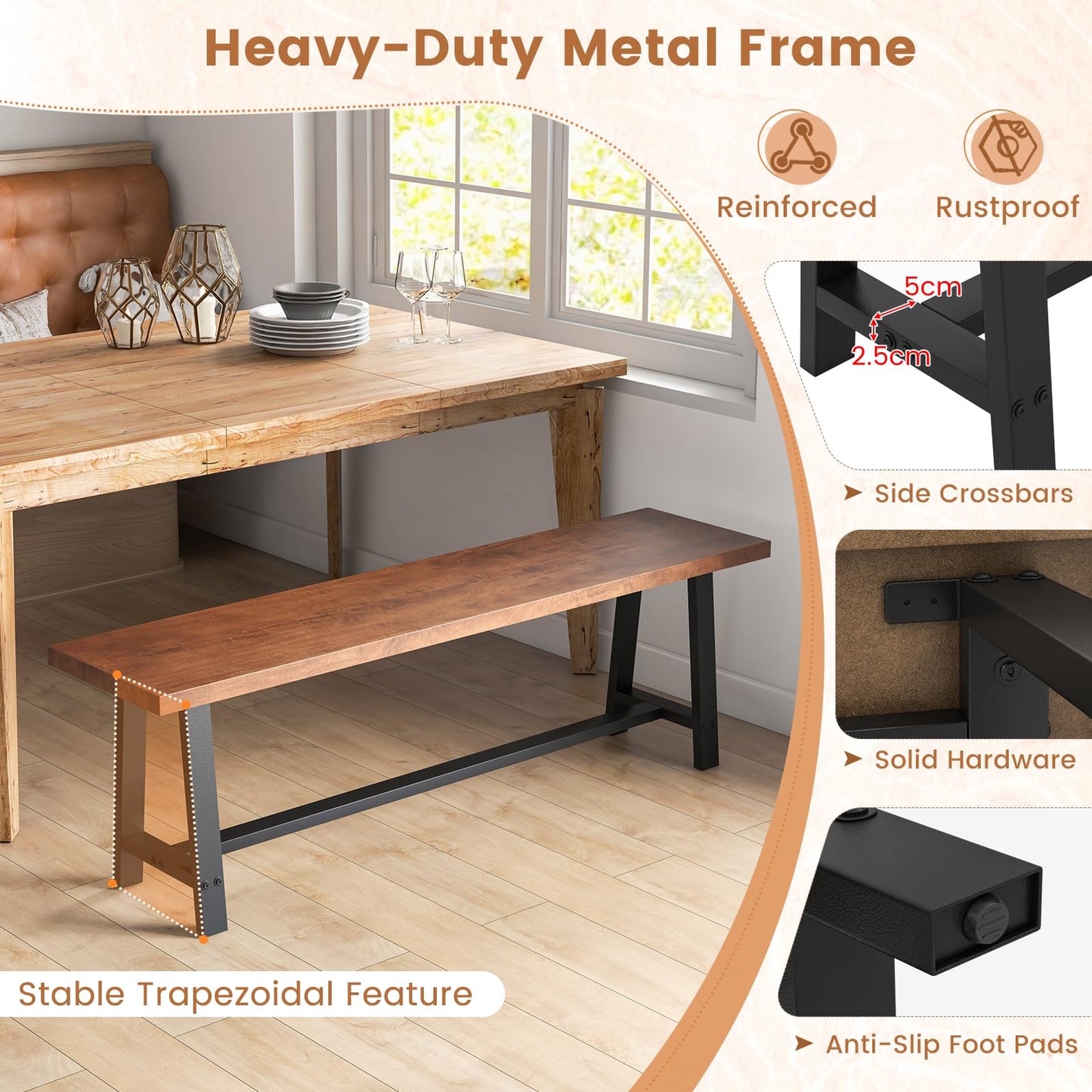 153CM Entryway Dining Bench 3 Person with Metal Frame