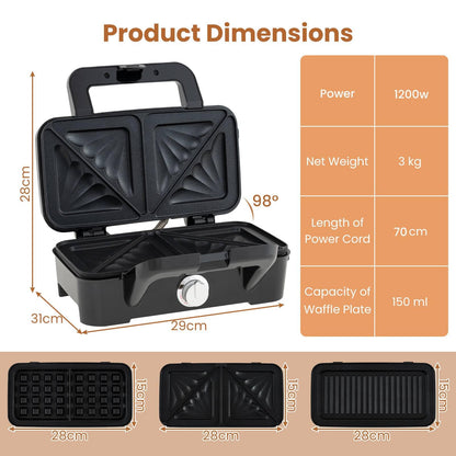 3 in 1 Waffle Maker with Non-stick Plates and Indicator Lights