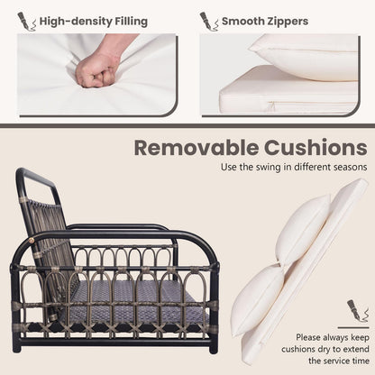 2-Person Patio Wicker Swing Chair with Removable Cushions for Garden, Poolside, Backyard