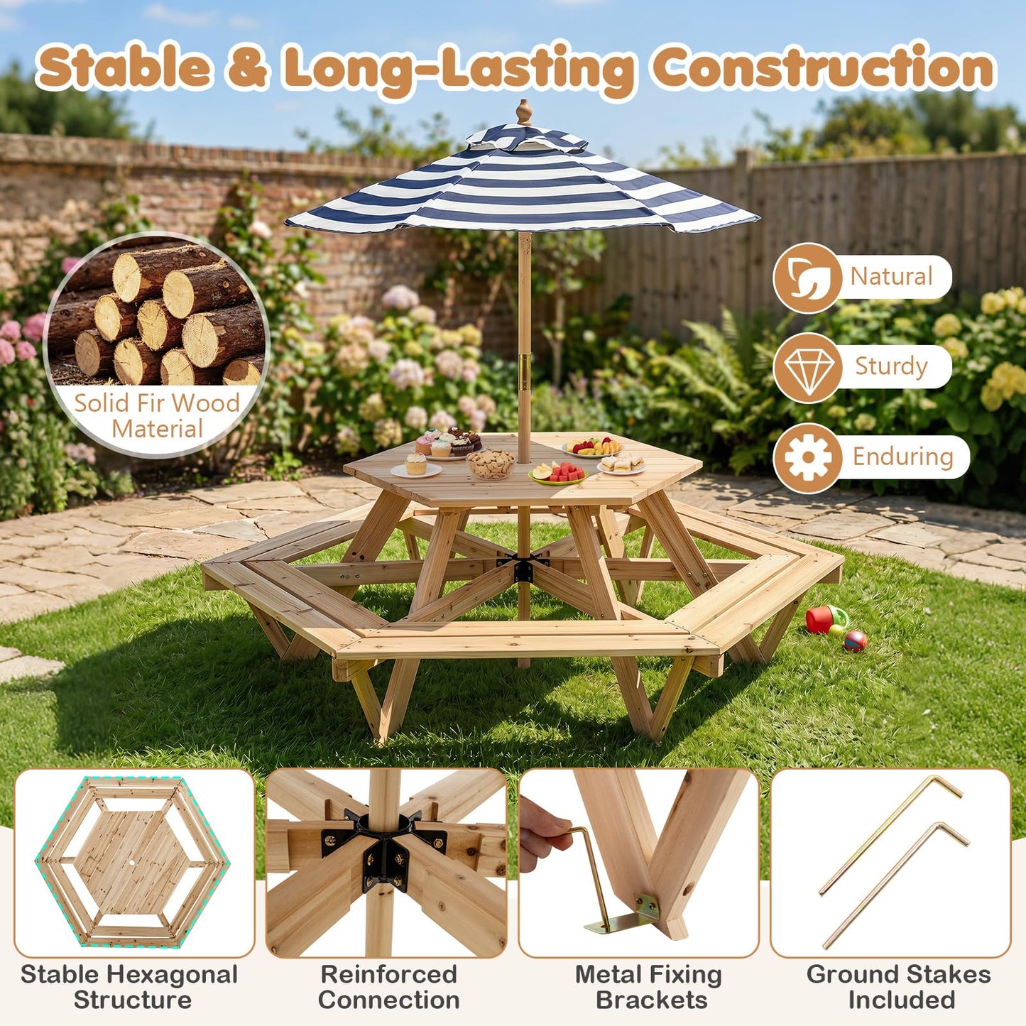 6 Seat Kids Picnic Bench Set with Removable Adjustable Umbrella
