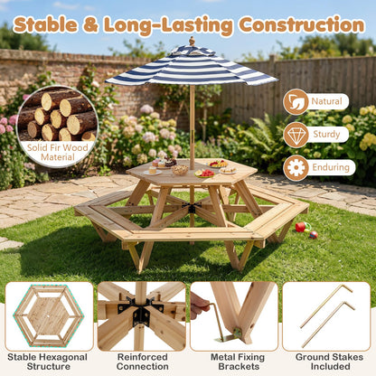 6 Seat Kids Picnic Bench Set with Removable Adjustable Umbrella