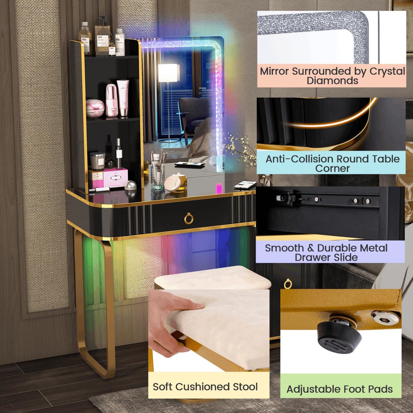 RGB LED Vanity Set with Mirror and Lights