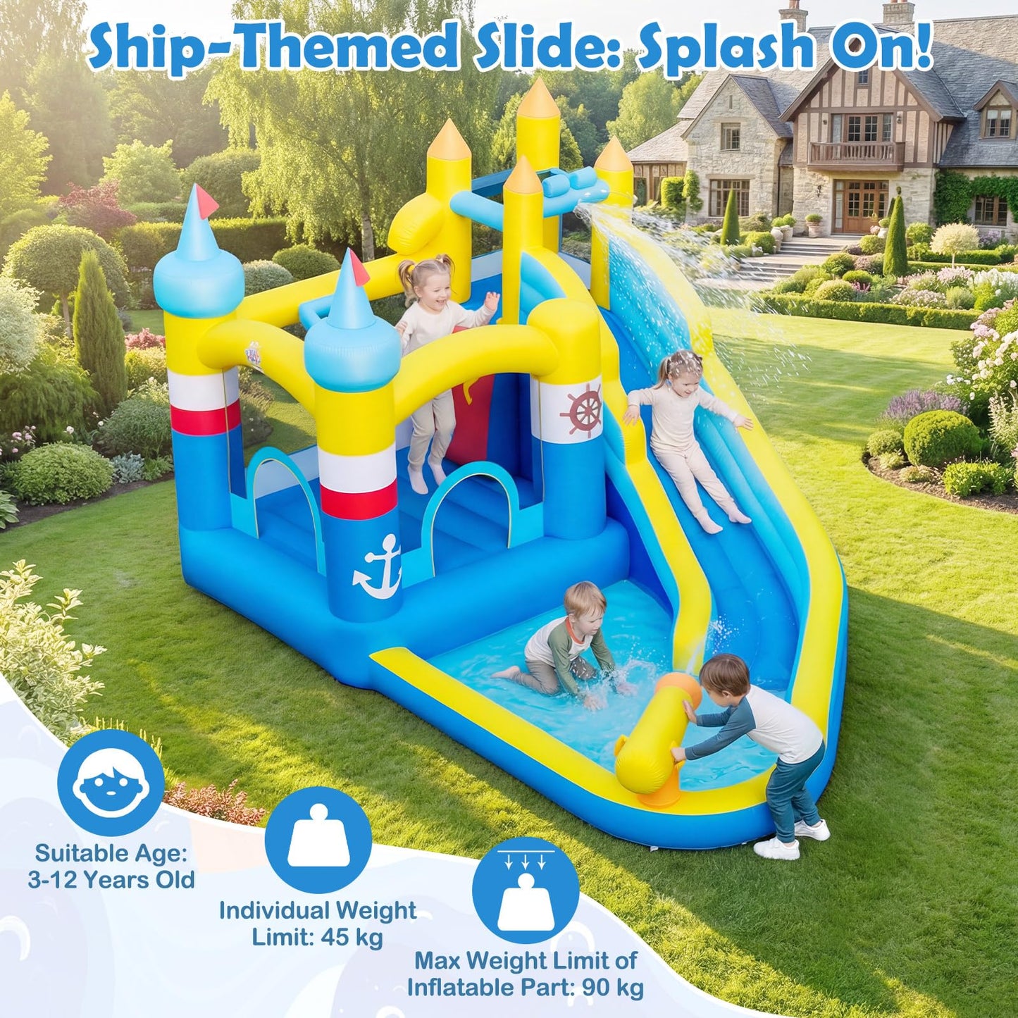 Inflatable Water Park, Kids Bouncy Castle with Slide, Splash Pool, Water Cannon, Climbing Wall