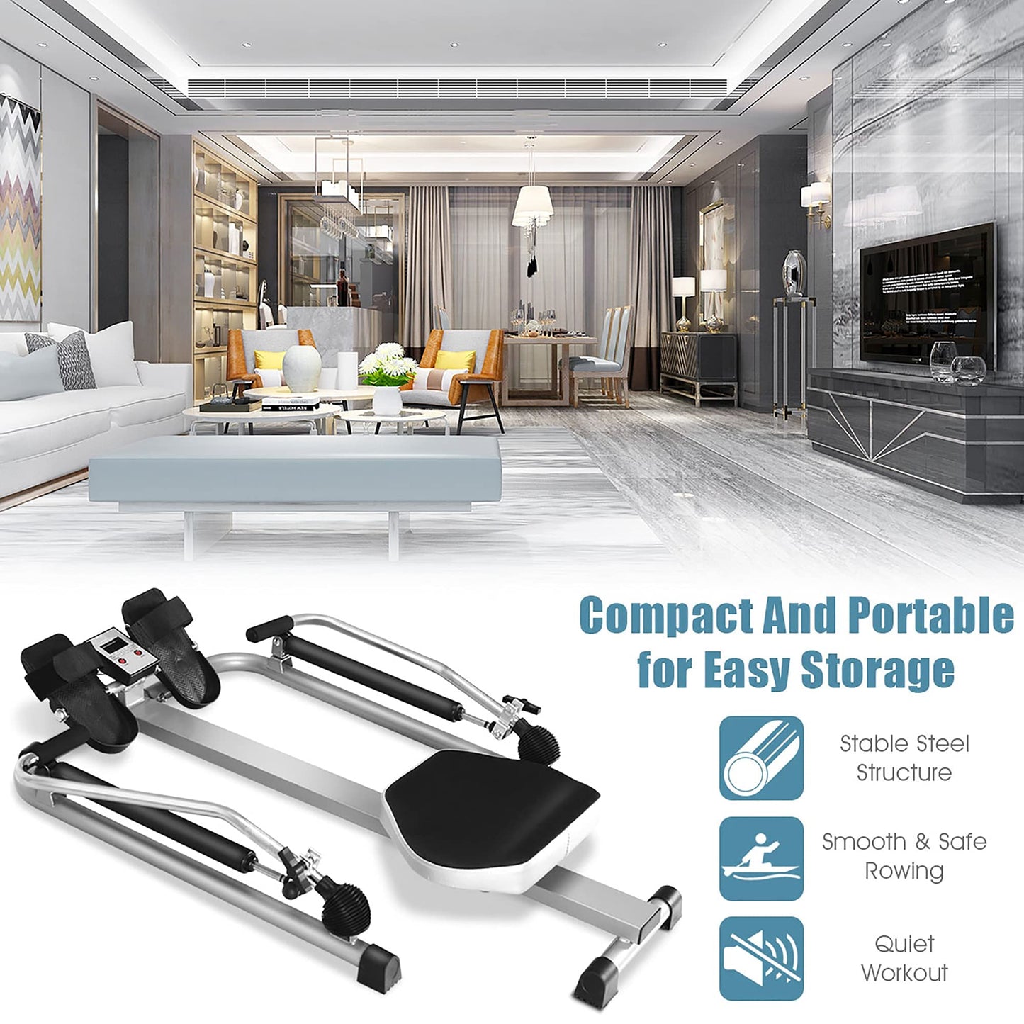 Hydraulic Rowing Machine with LCD Monitor for Home Gym