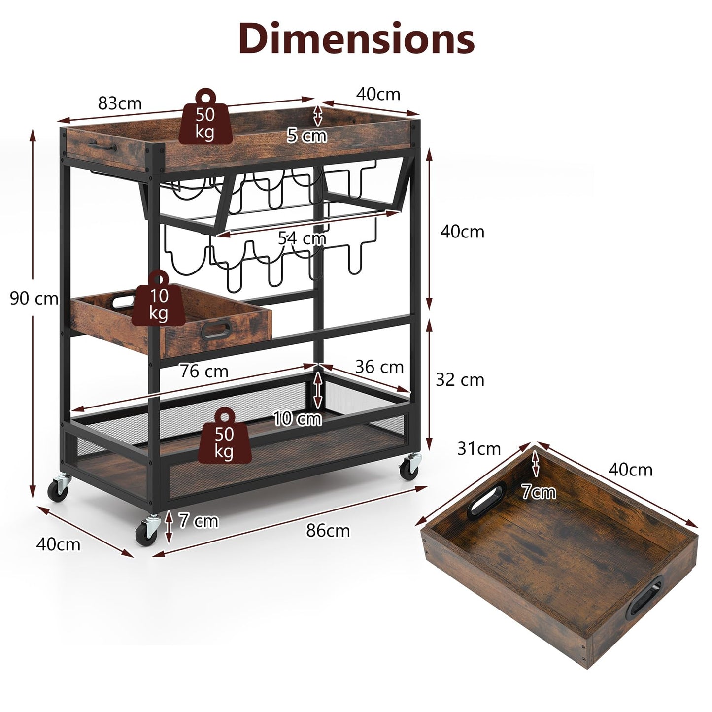 Kitchen Serving Cart with Removable Tray and Wine Rack