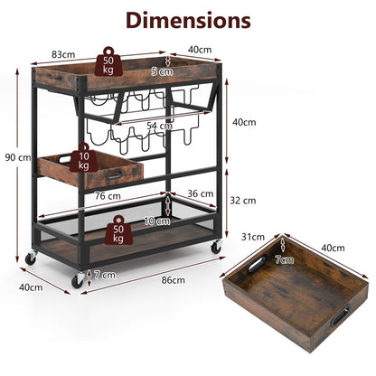 Kitchen Serving Cart with Removable Tray and Wine Rack