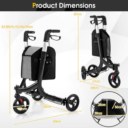 Folding Aluminum Rolling Walker with Zippered Storage Bag and Safe Dual Brake System