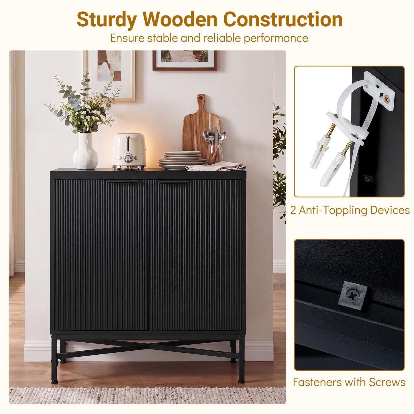 Fluted Sideboard Buffet Cabinet with 2 Doors and Adjustable Shelf