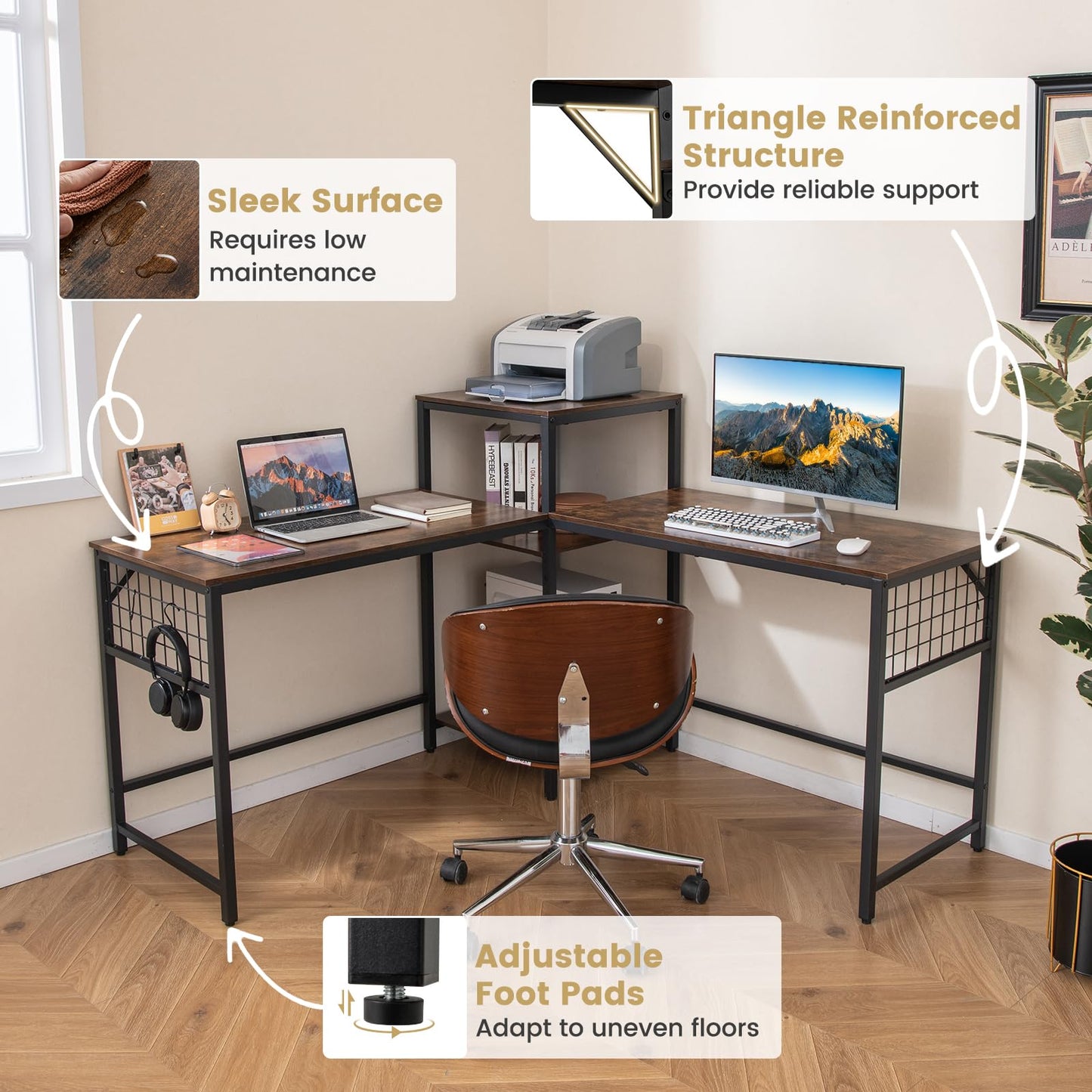 240 cm Long Convertible 2-Person Desk with Printer Stand and Adjustable Shelf