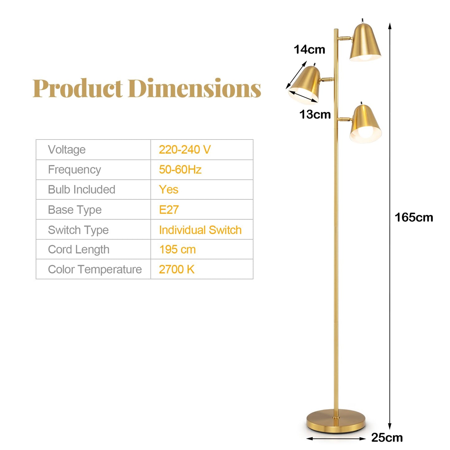3-Bulb Floor Lamp with 3 E26 A19 Bulbs and Adjustable Lampshades