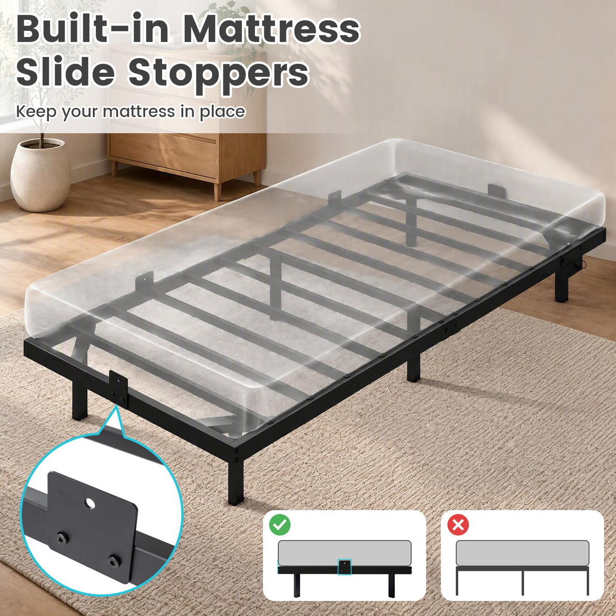Floating Bed Frame with LED Lights and Charging Station Mattress Slide Stopper
