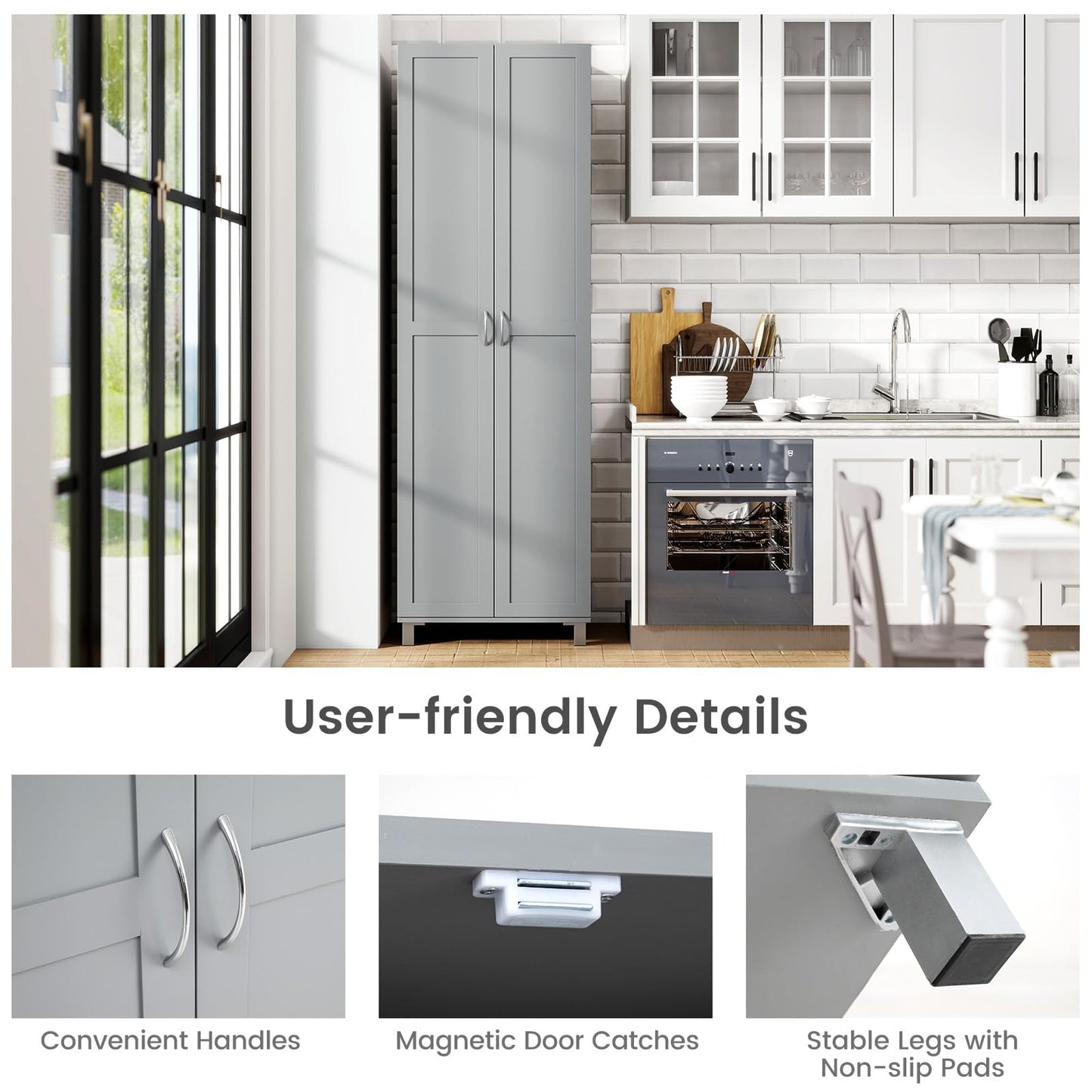 Double Door Tall Storage Cabinet with Adjustable Shelf and Anti tilt Design