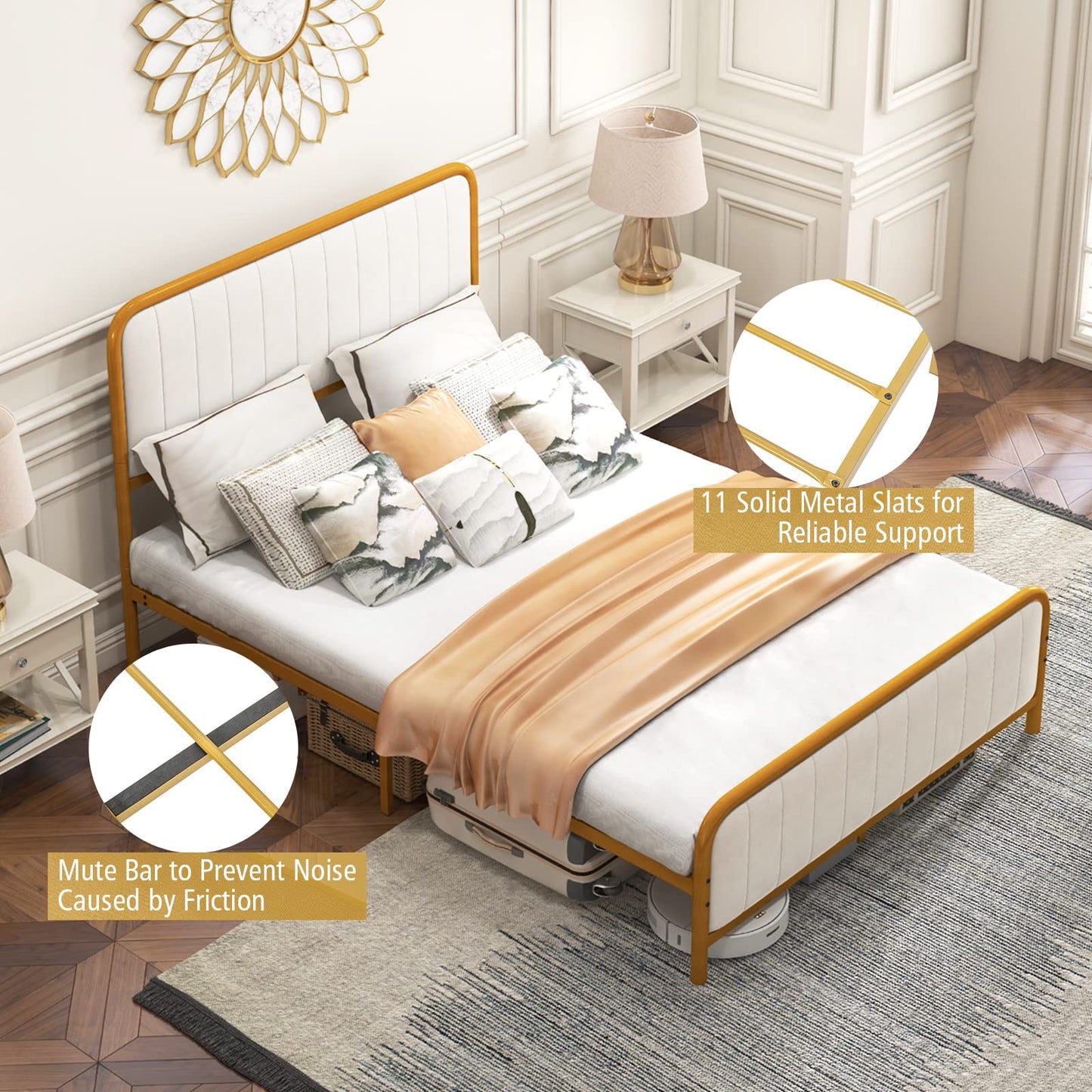 Upholstered Full Size Bed Frame, Double Metal Platform Bed with Velvet Headboard