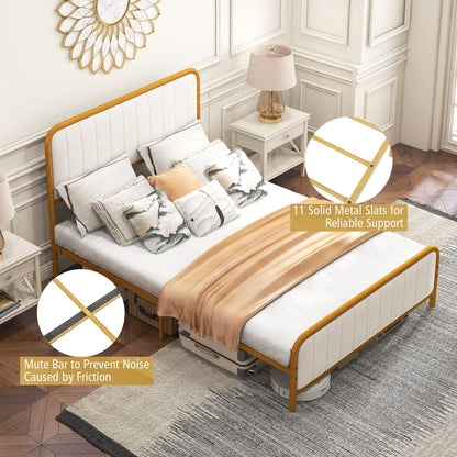 Upholstered Full Size Bed Frame, Double Metal Platform Bed with Velvet Headboard