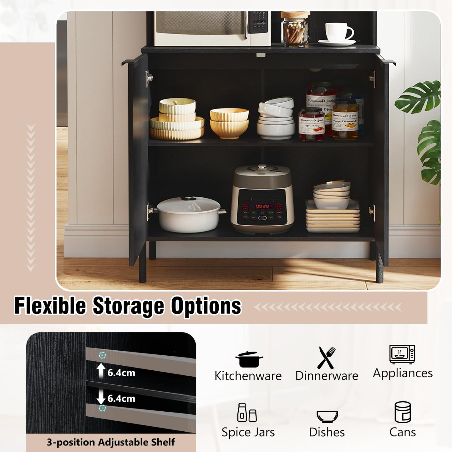 Kitchen Pantry Cabinet with Power Outlets and Wine Racks
