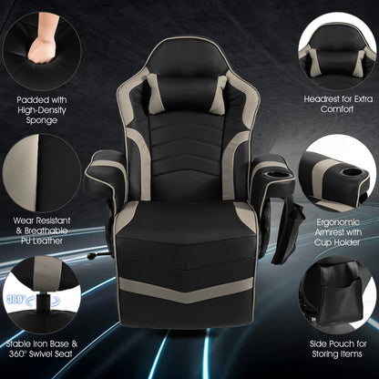 Height Adjustable Swivel Racing Video Massage Gaming Chair with Retractable Footrest