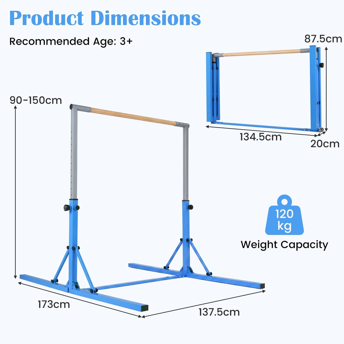 Foldable Gymnastics Bar, 90-150cm Height Adjustable Training Bar