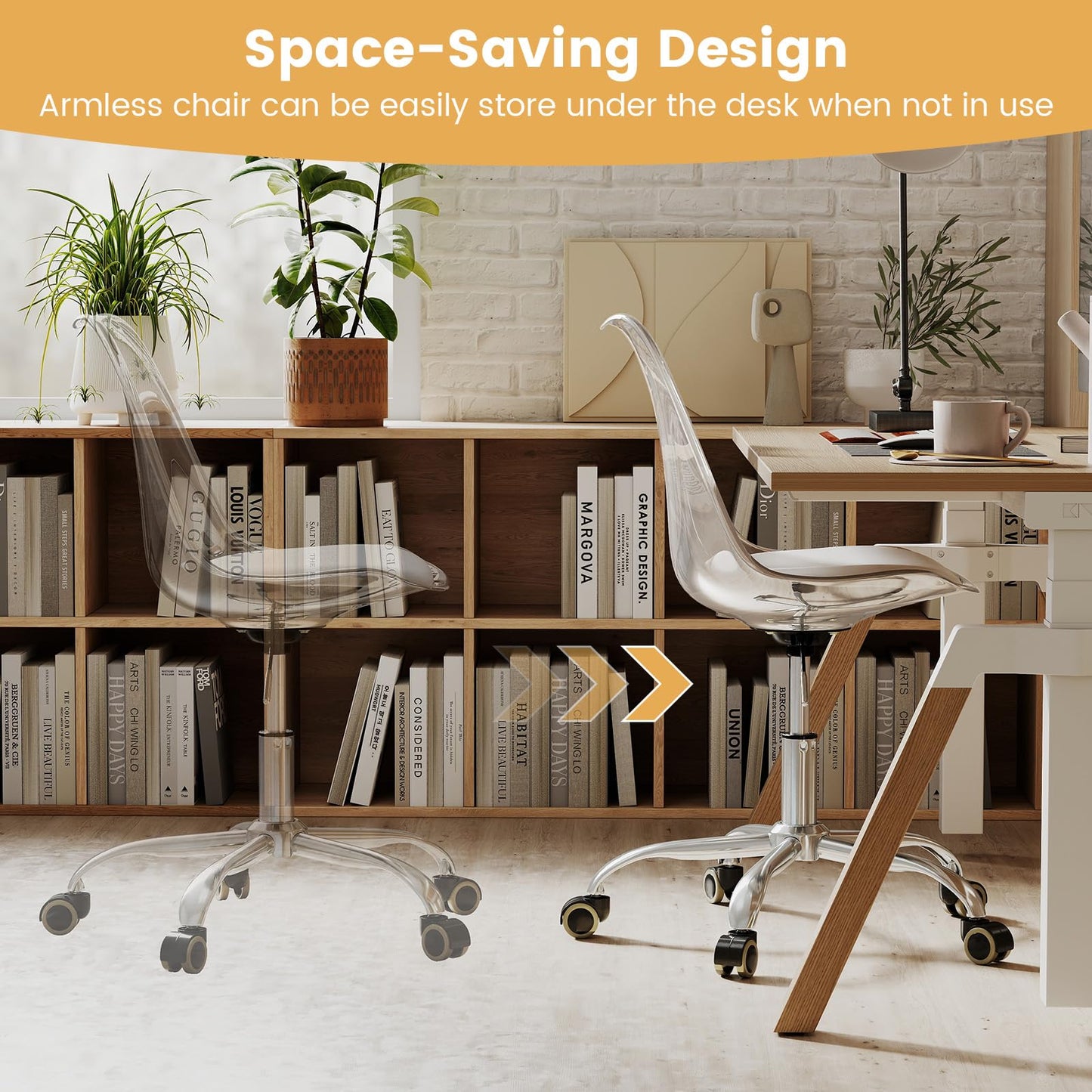 Clear Desk Chair Armless Rolling Acrylic Office Chair with Swivel Seat and PU Leather Cushion