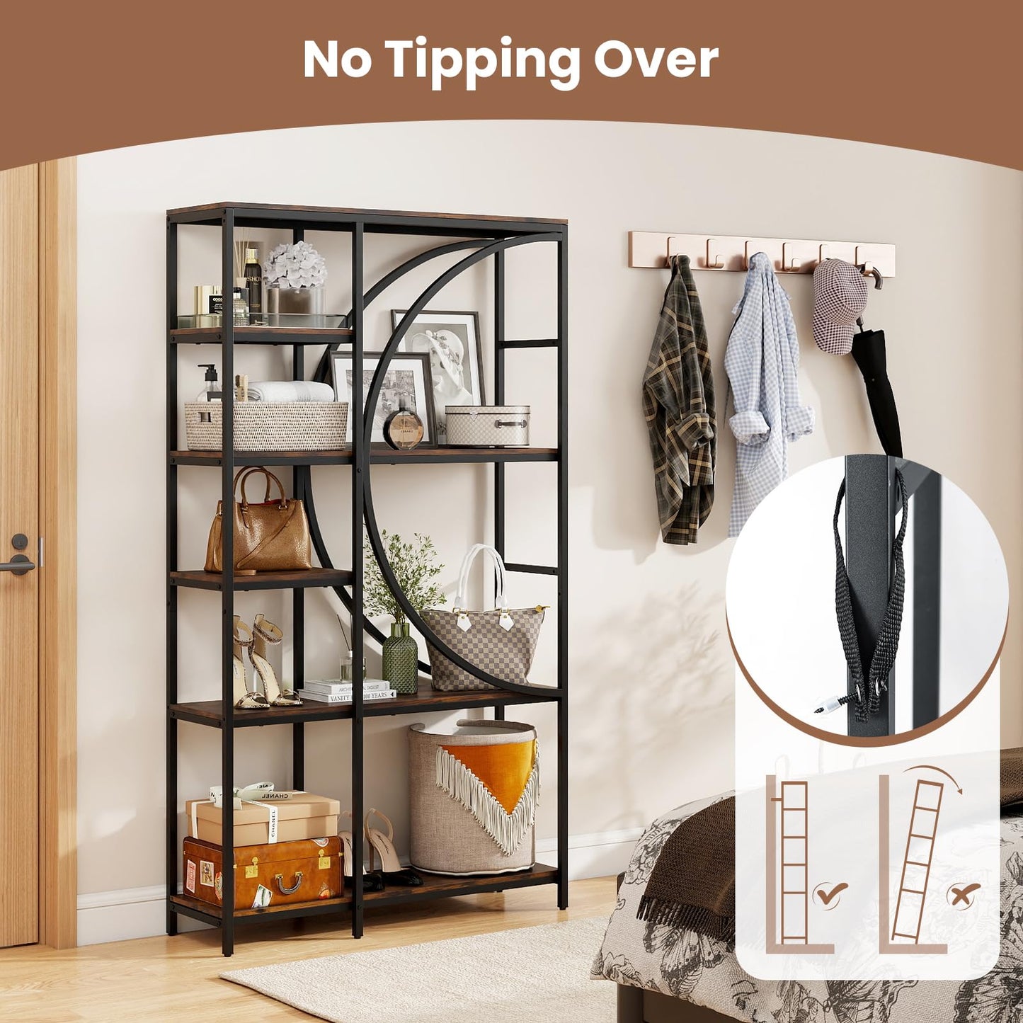 6-Tier Industrial Etagere Bookshelf with Open Storage Shelves and Arc-Shaped Design
