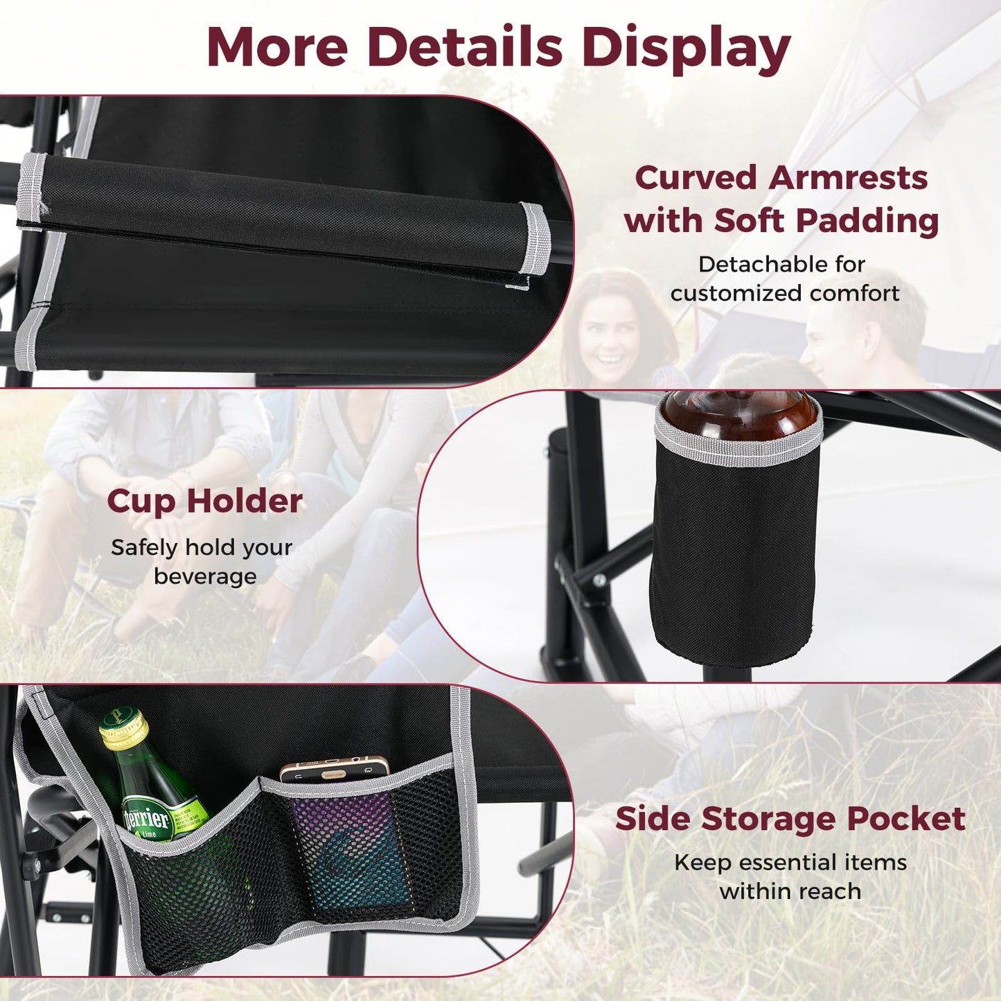 Outdoor Foldable Padded Rocker Camping Chair with Cup Holder