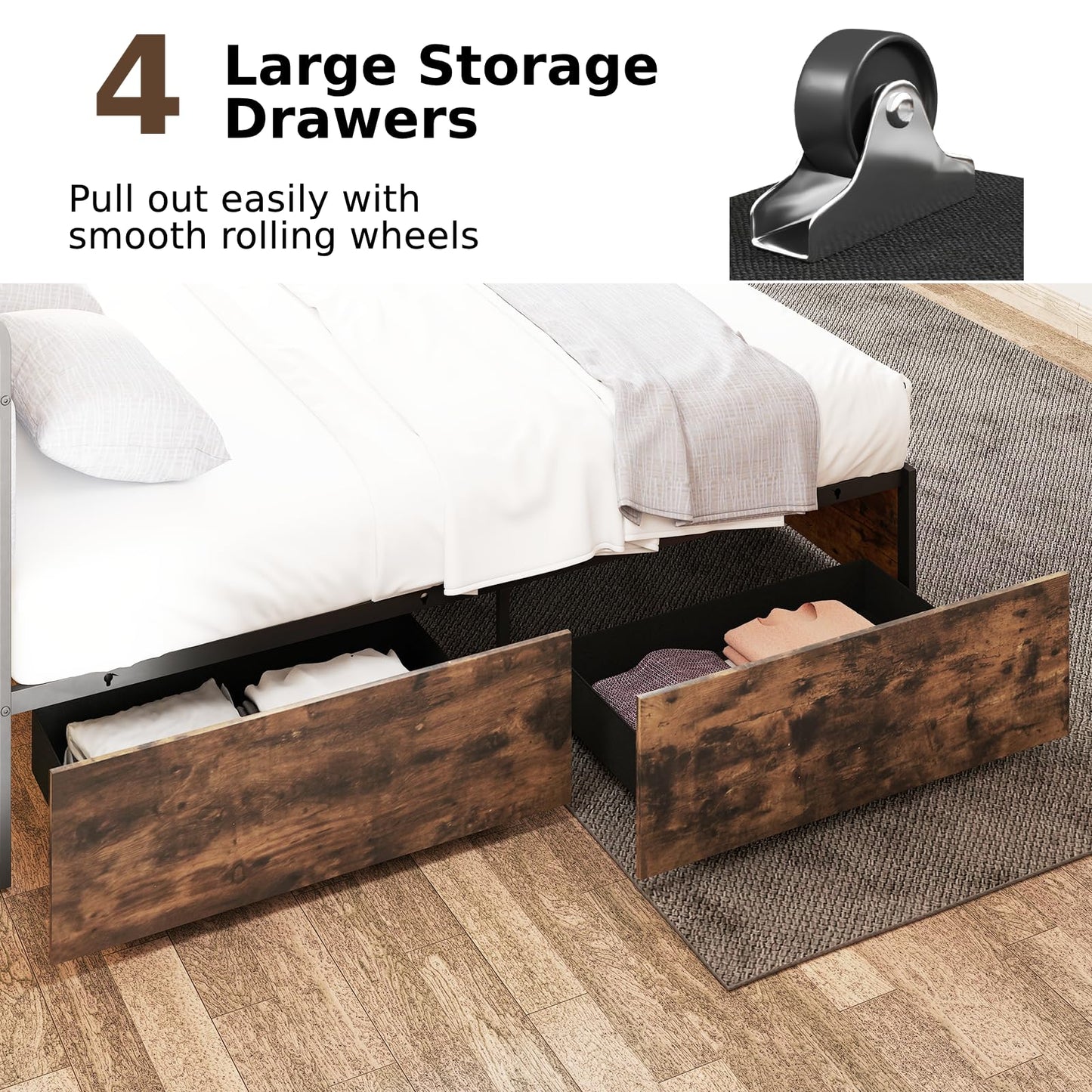 Industrial Metal Platform Bed with LED Lights and USB Power Outlets