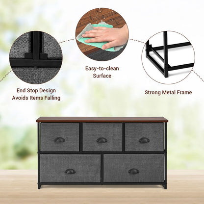 Fabric 5 Drawer Dresser Cabinet with Wooden Top