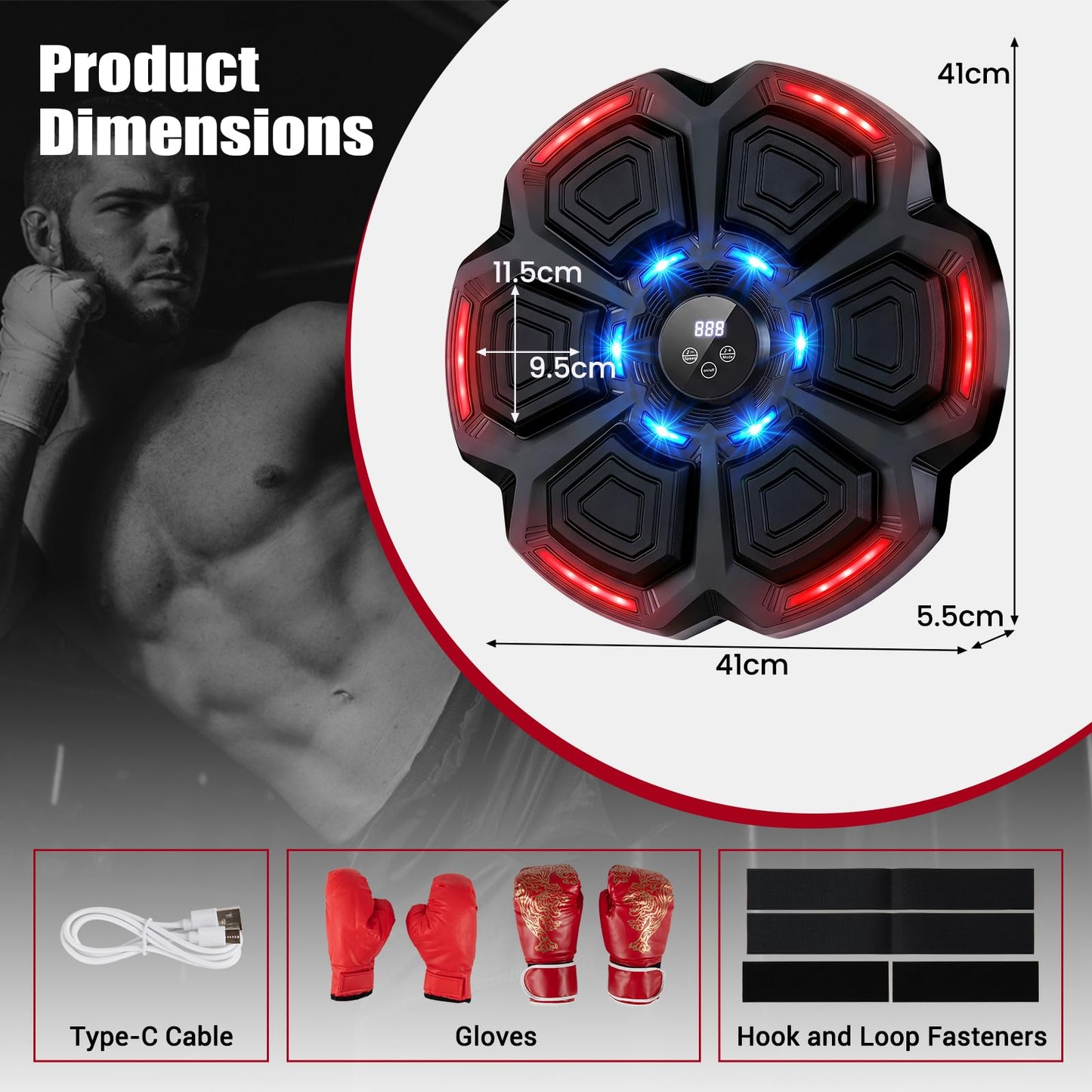 Music Boxing Machine, Wall Mounted Electronic Boxing Target with Gloves, LED Light Targets