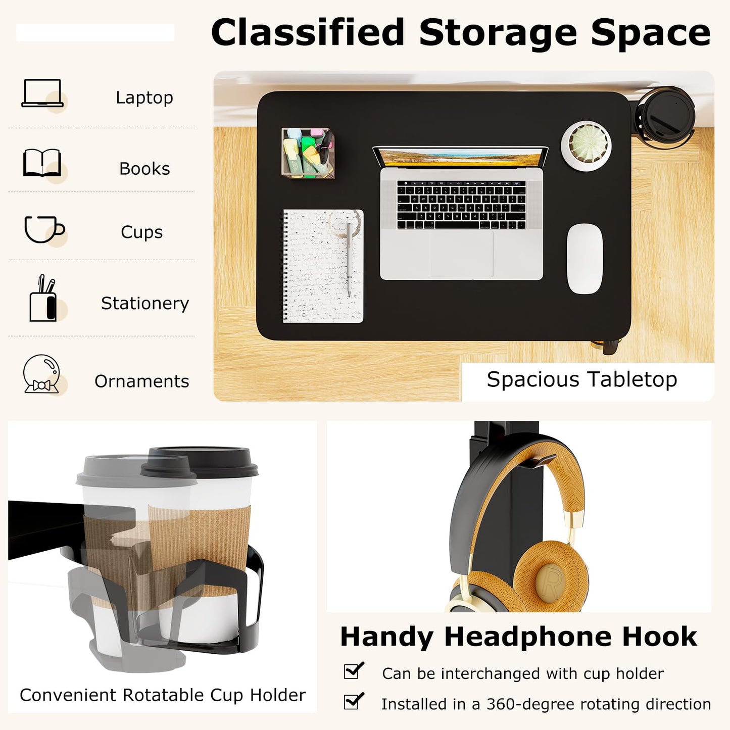 Height Adjustable Overbed Bedside Table with Cup Holder and Headphone Hook