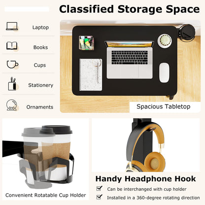Height Adjustable Overbed Bedside Table with Cup Holder and Headphone Hook