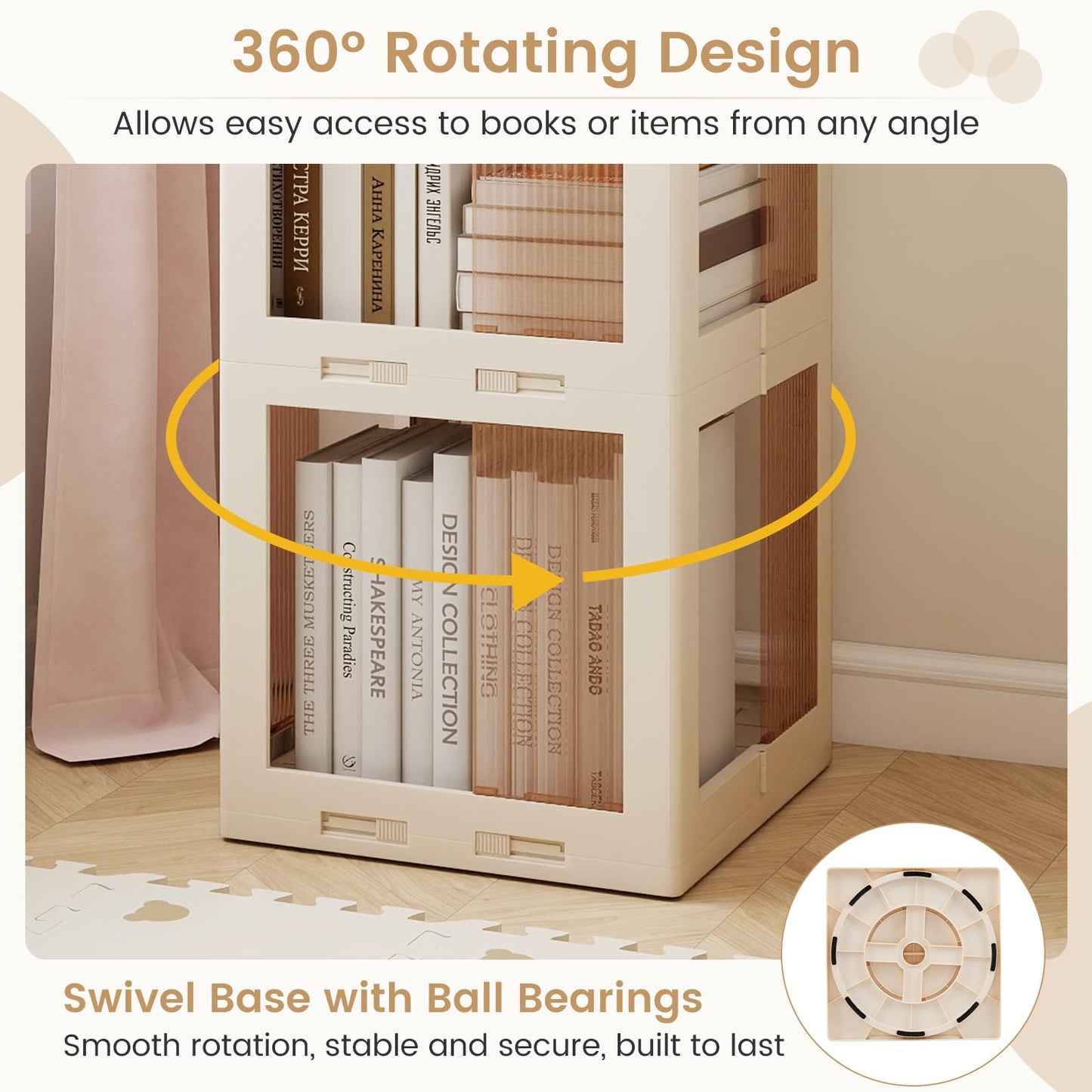 4/5/6-Tier Foldable Rotating Bookshelf, 360° Spinning Bookcase Tower with Swivel Base