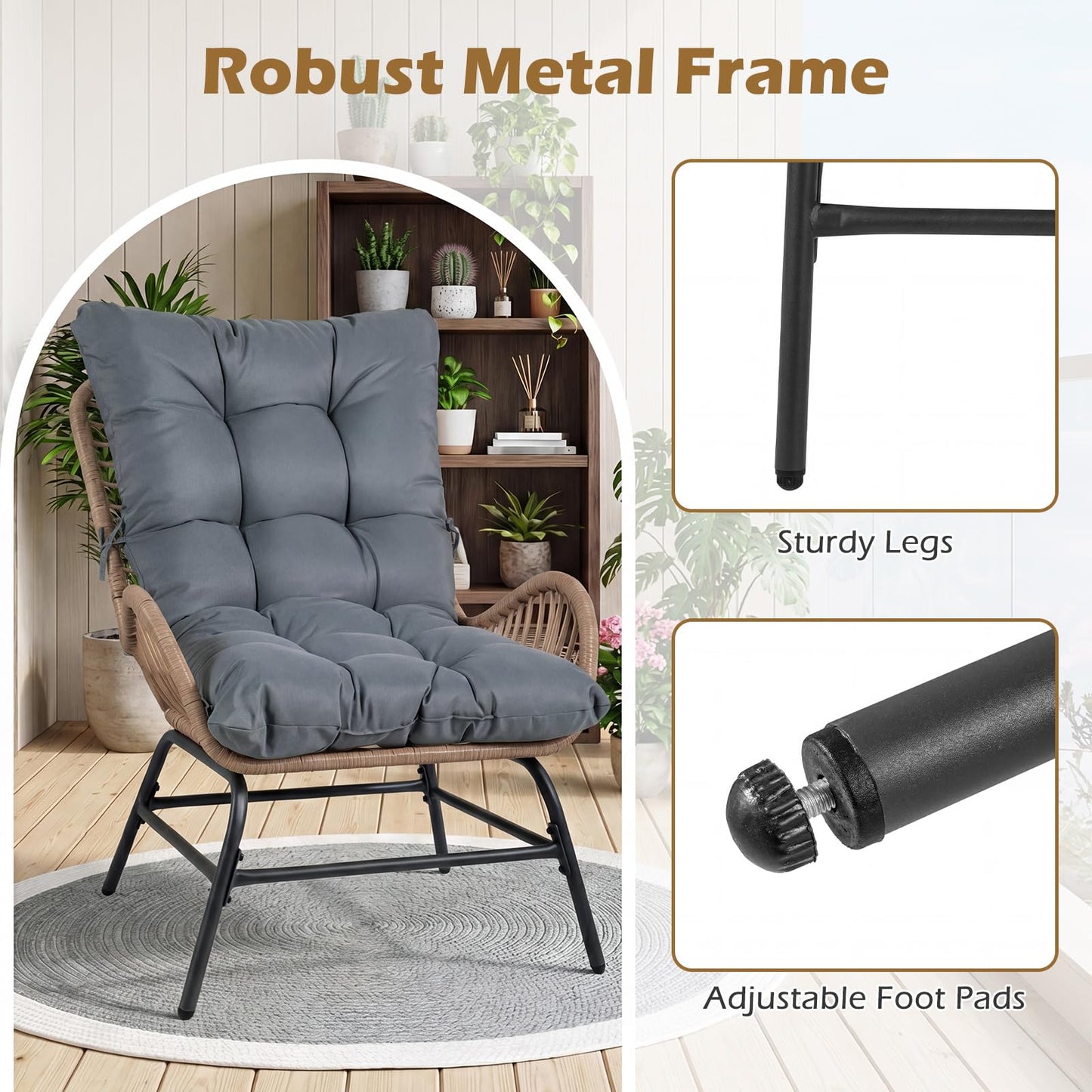 PE Rattan Leisure Chair with Cushion and Solid Metal Frame