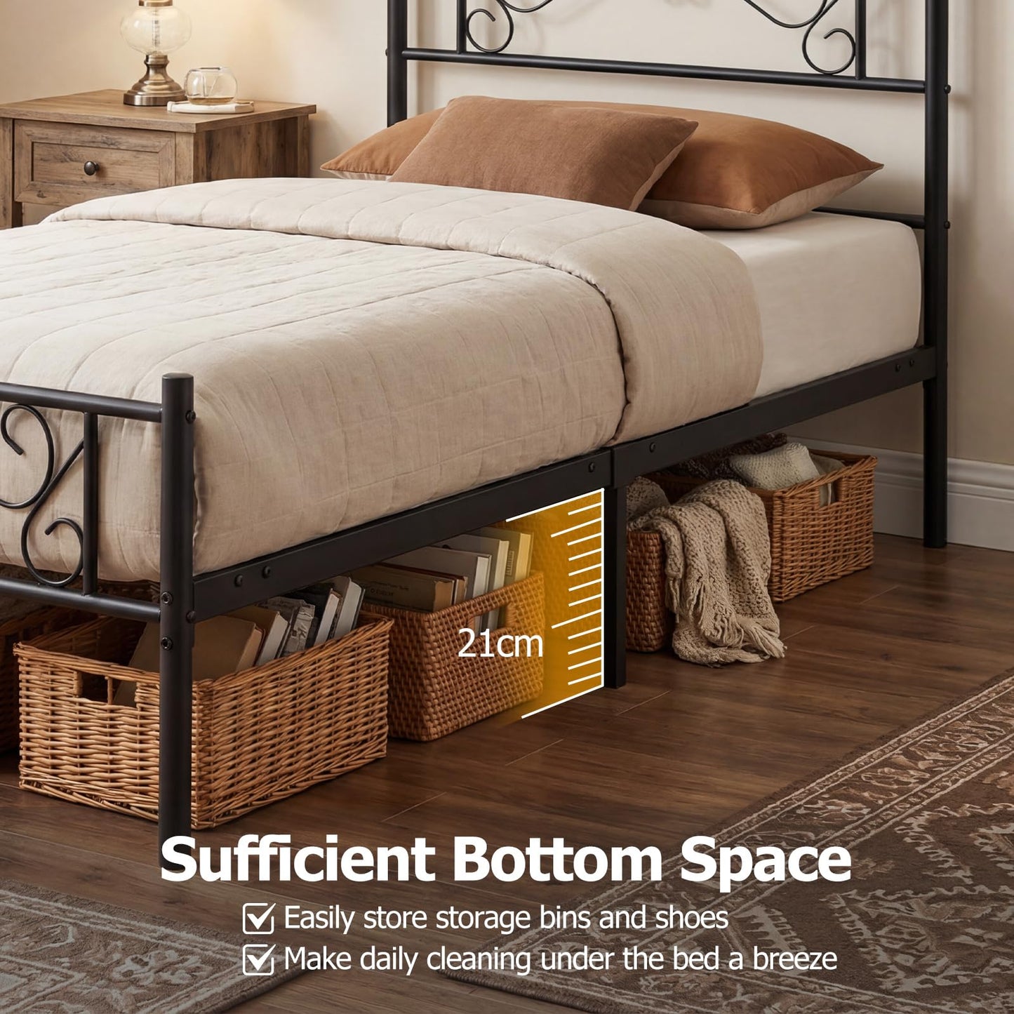3ft Single Bed Frame, Metal Platform Bed Base with Floral Headboard
