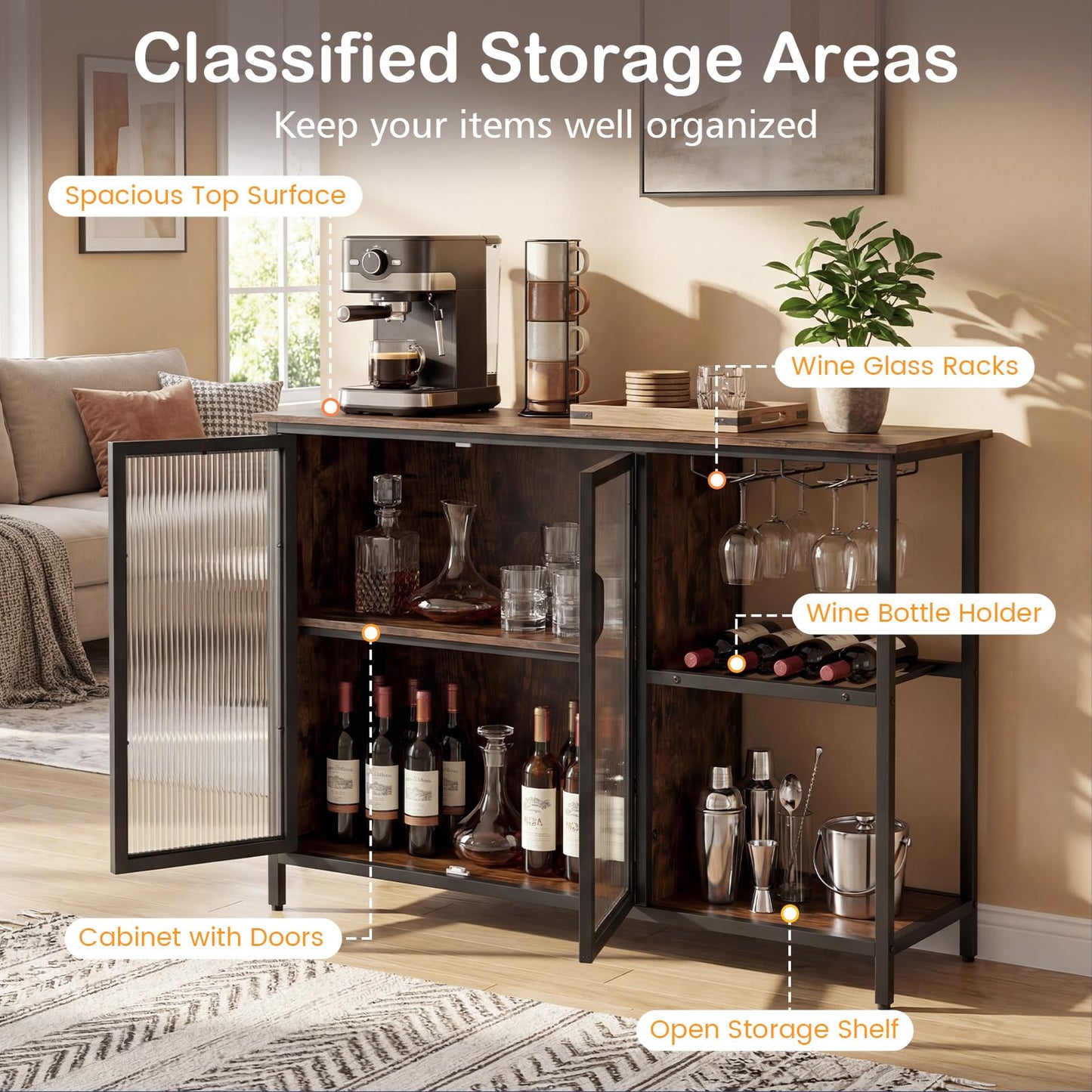 Buffet Sideboard with Power Outlets & RGB LED Lights