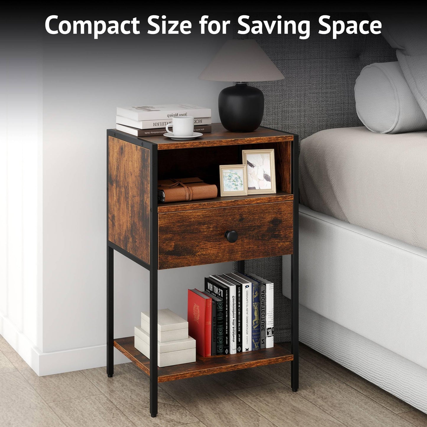 Nightstand with Open Compartment and Storage Shelf