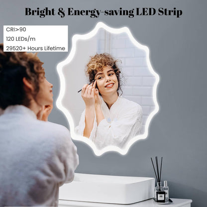 60 x 60 cm LED Waved Edge Round Wall Mirror with 3-Color Lights