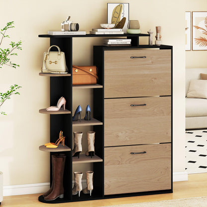 Slim Shoe Cabinet with 3 Flip Drawers, Open Shelves