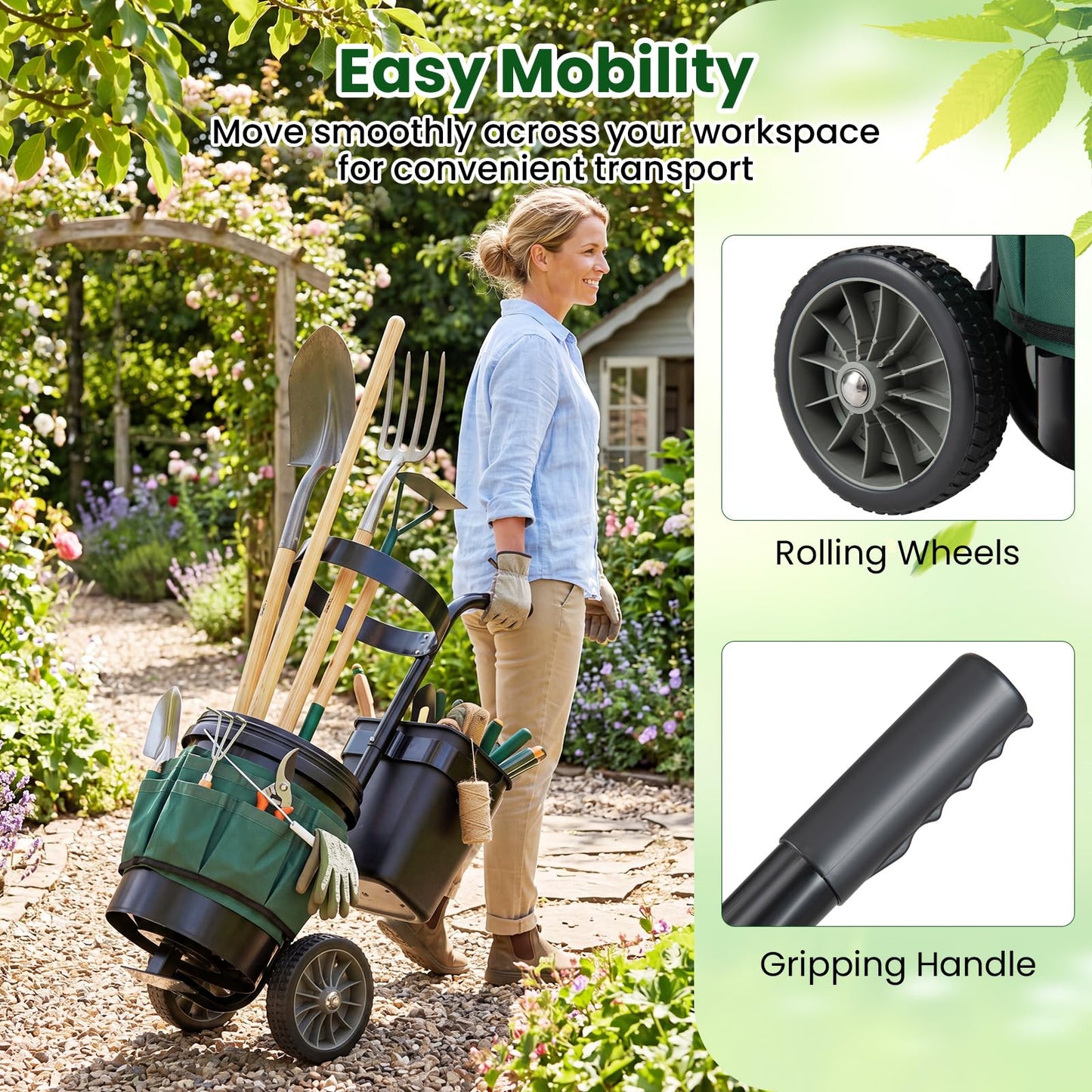 Heavy Duty Rolling Garden Cart with Wheels and Round Bucket