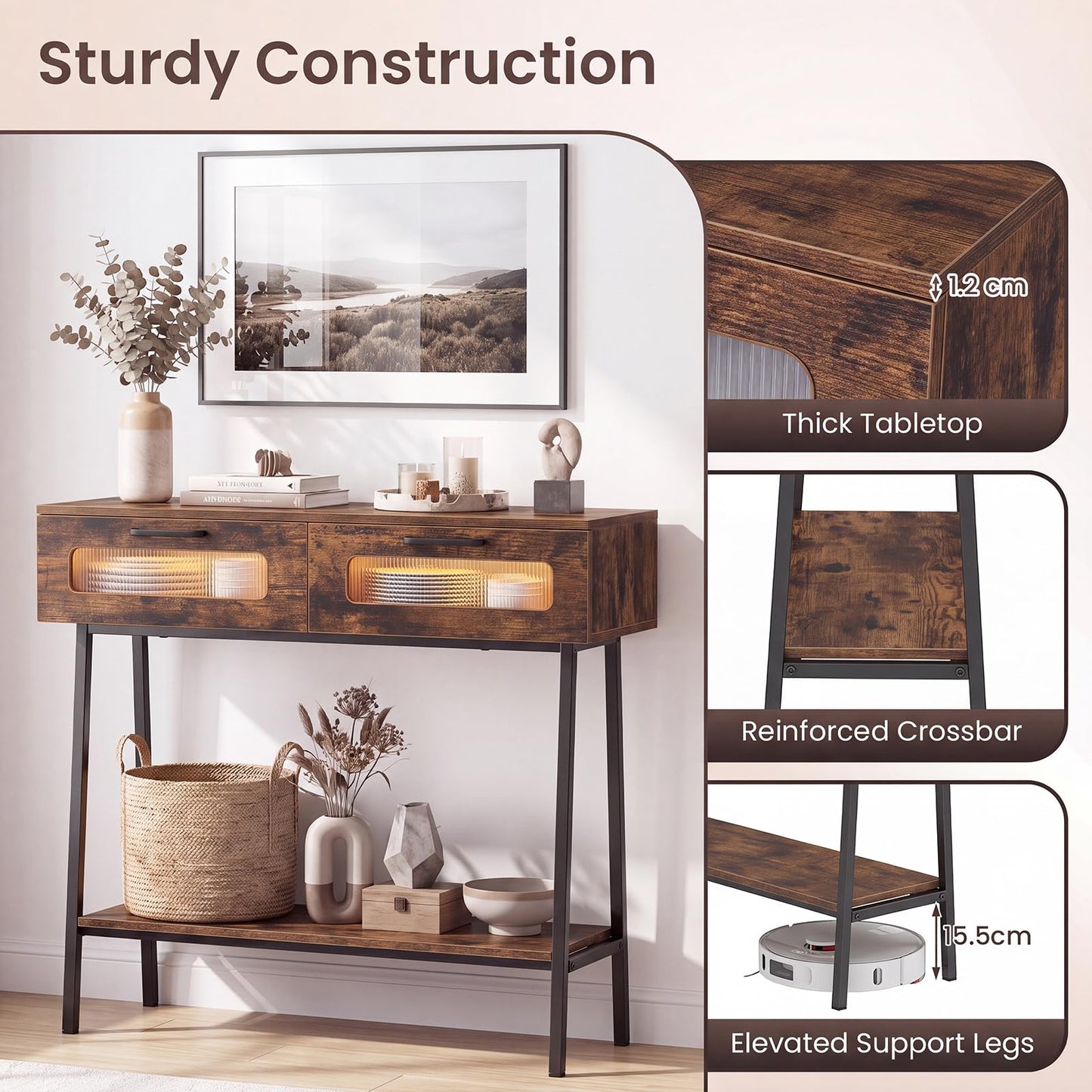 2-Tier Farmhouse Console Table with Colorful LED Lights and Open Shelf