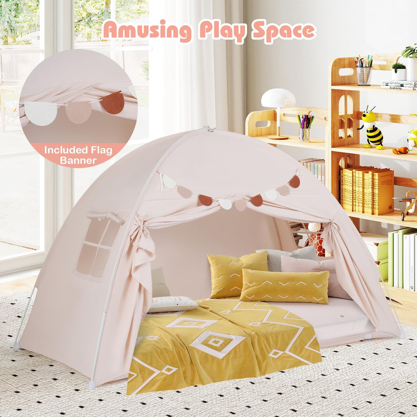 Foldable and Portable Canopy Tent on Twin Bunk Bed with 2 Windows