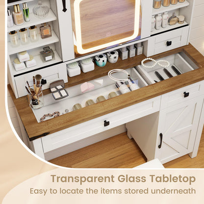 Makeup Vanity Desk and Stool Set with Sliding Mirror and Cabinet