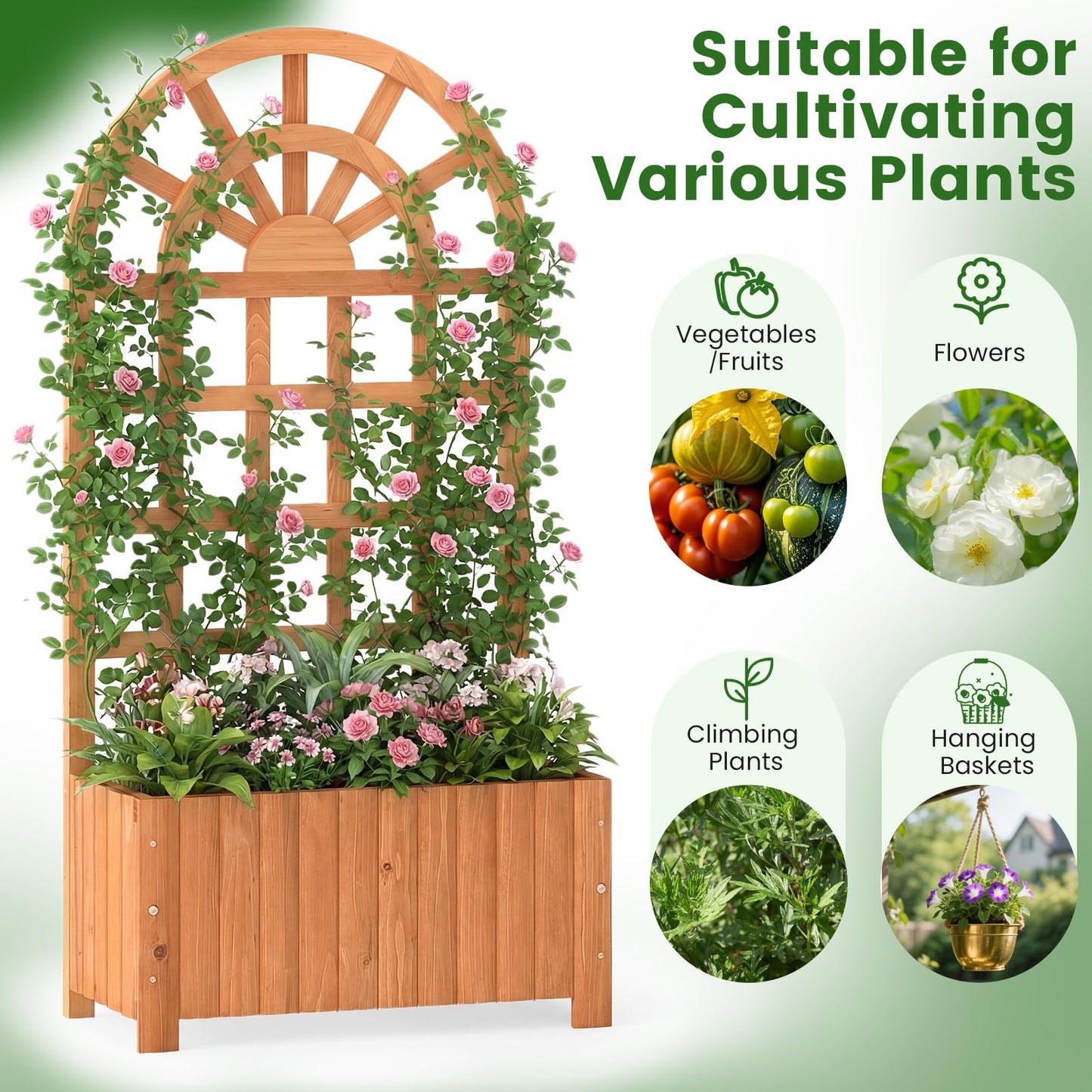Garden Planter with Trellis, Wooden Raised Bed with Drainage Holes