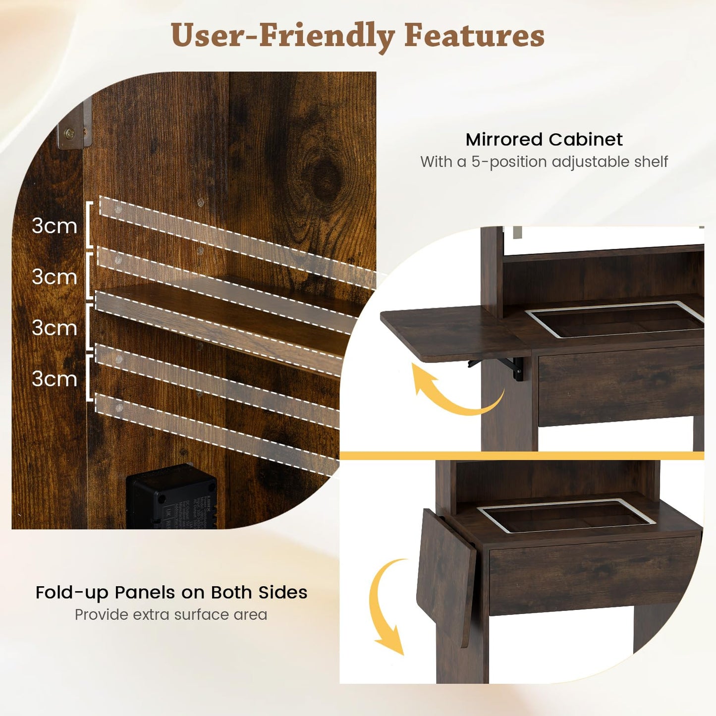 Small Dressing Table with 3-Color LED Lights Mirror and Stool