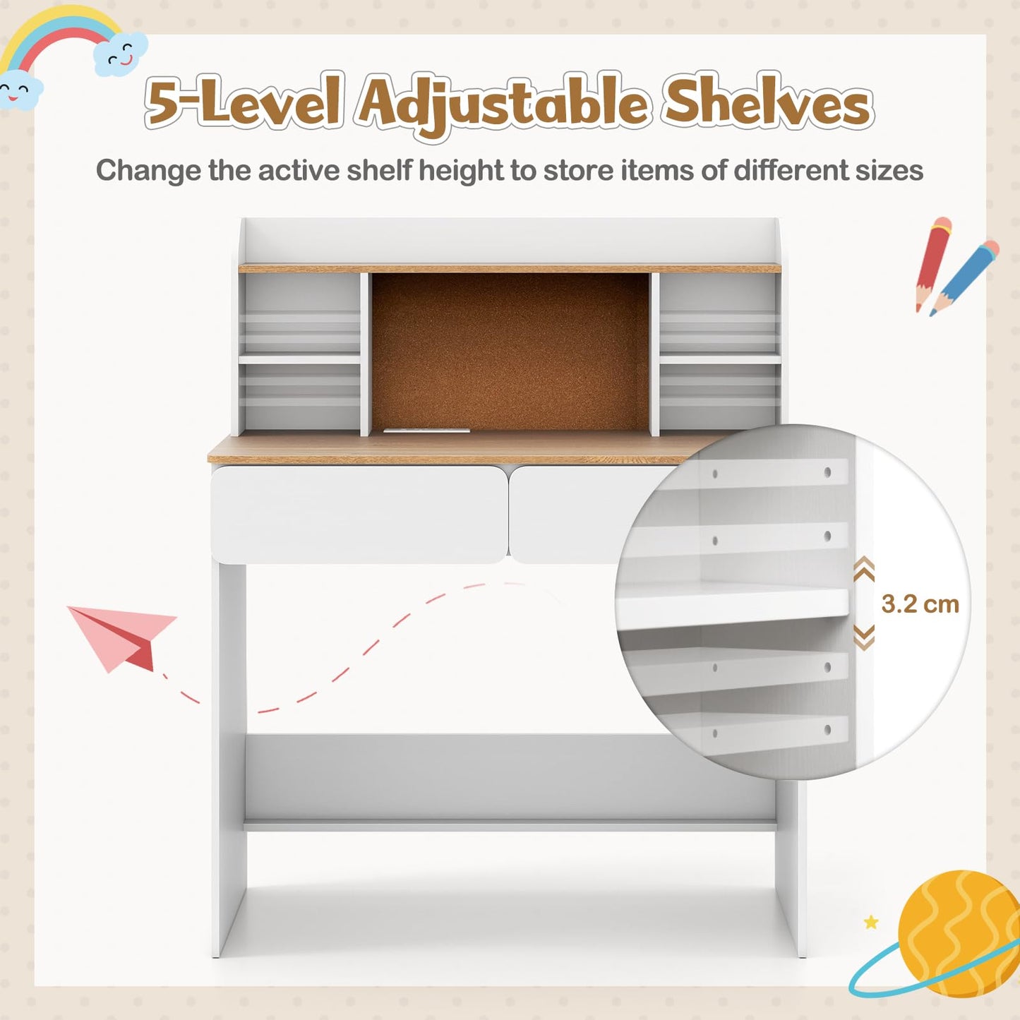 Kids Study Desk Student Writing Table with Cork Bulletin Board