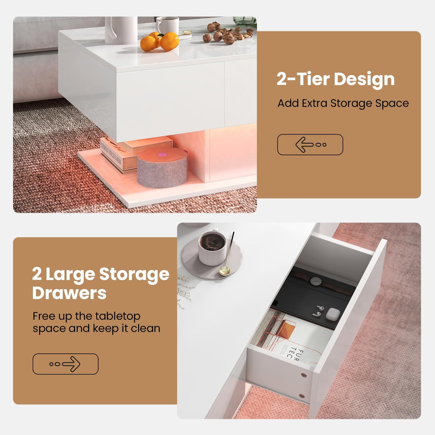LED Coffee Table with 2 Drawers and Remote Control